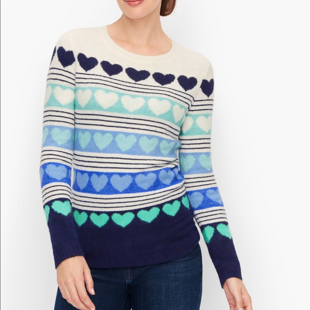 Talbots Cream, Navy & Aqua Heart Stripe Crewneck Sweater